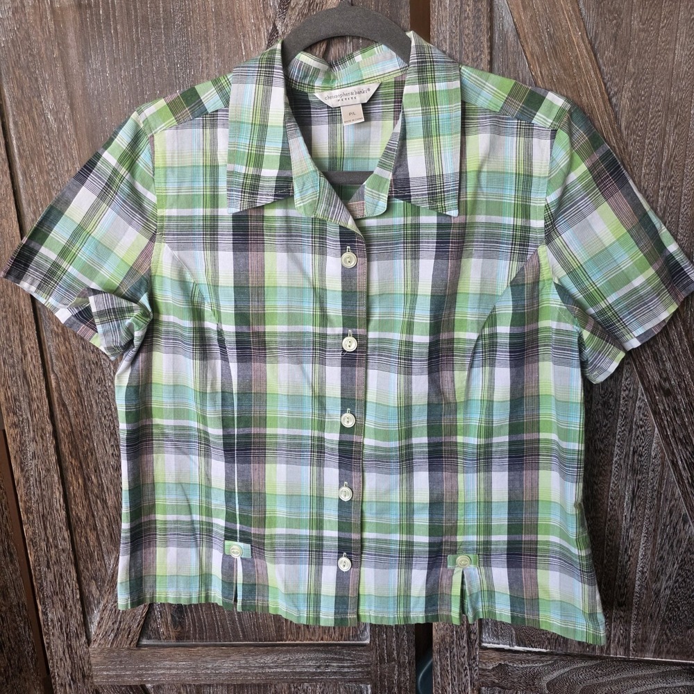 Christopher & Banks Shirt Womens Size Large Petite Green Blue Plaid Short Sleeve